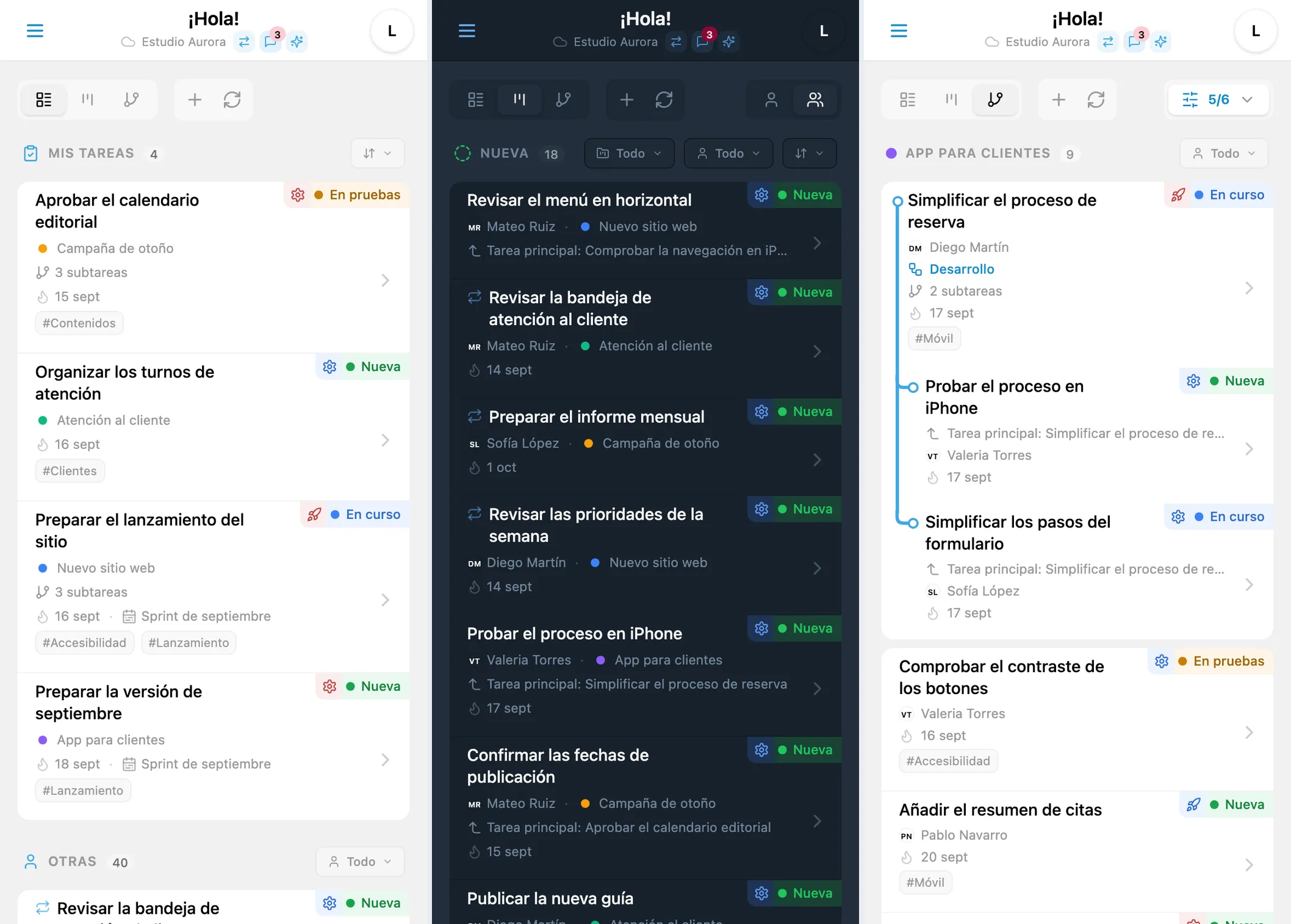 Vistas de tareas de iTasks: lista, Kanban por estados y árbol de proyectos con tareas anidadas