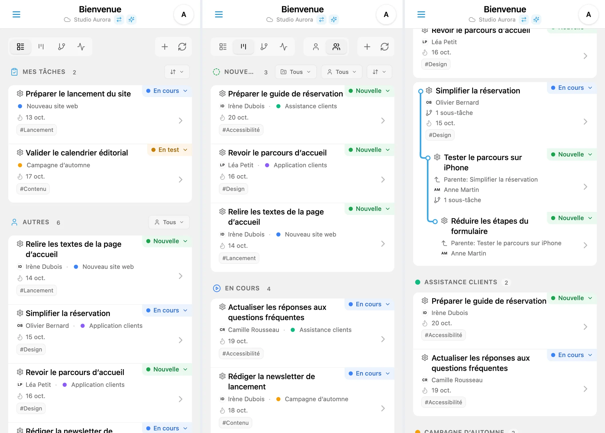 Vues iTasks : liste, tableau Kanban et arborescence des tâches