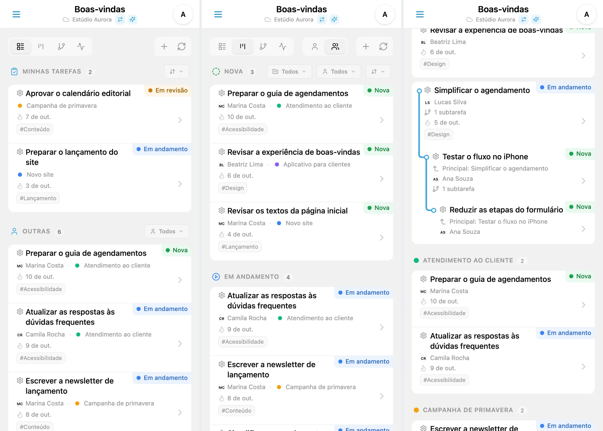 Visualizações do iTasks: lista de tarefas, Kanban por status e árvore de projetos com subtarefas