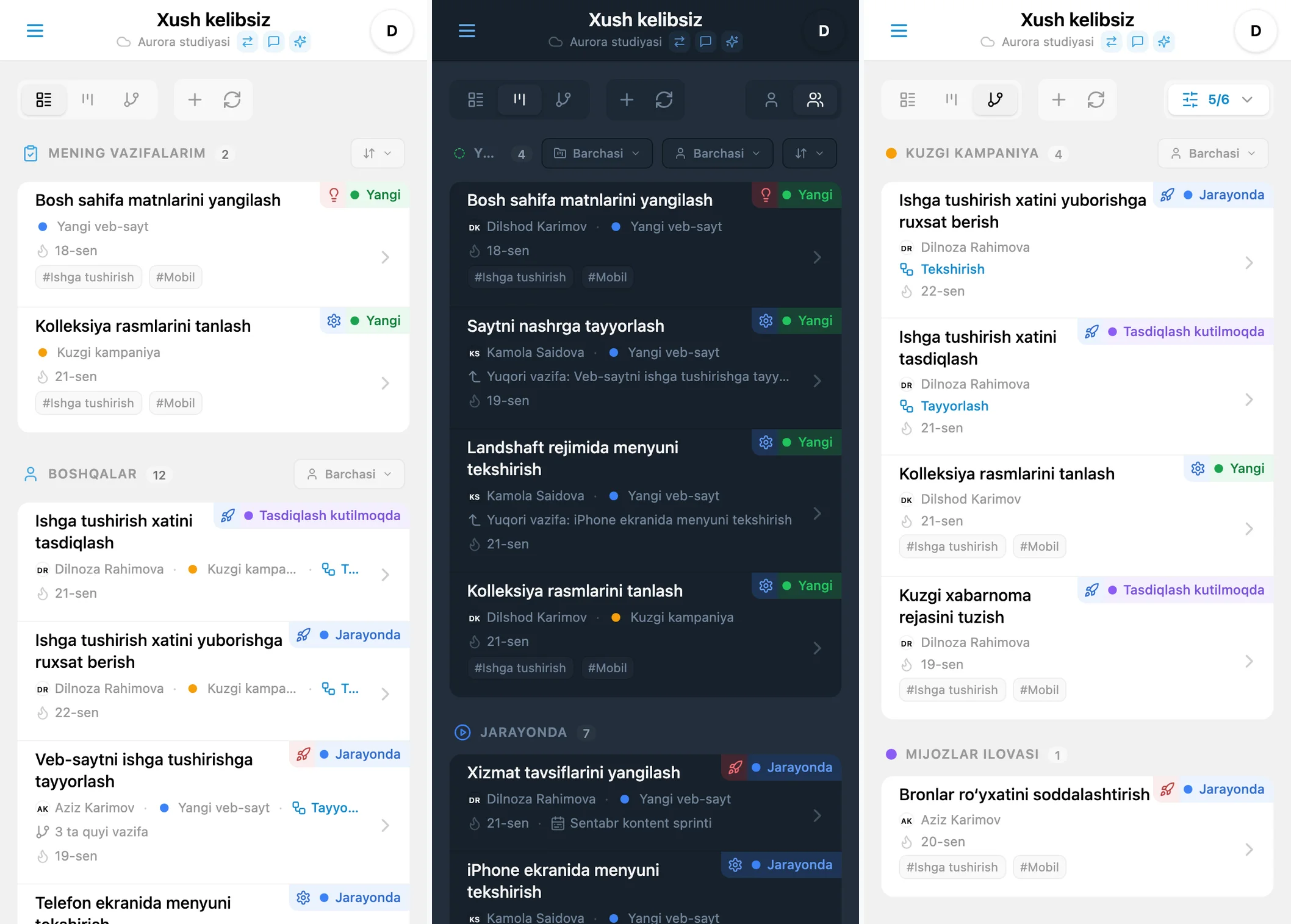 iTasks vazifalarini ko‘rish rejimlari: vazifalar ro‘yxati, holatlar Kanbani va ichma-ich vazifalar ko‘rsatilgan loyiha daraxti