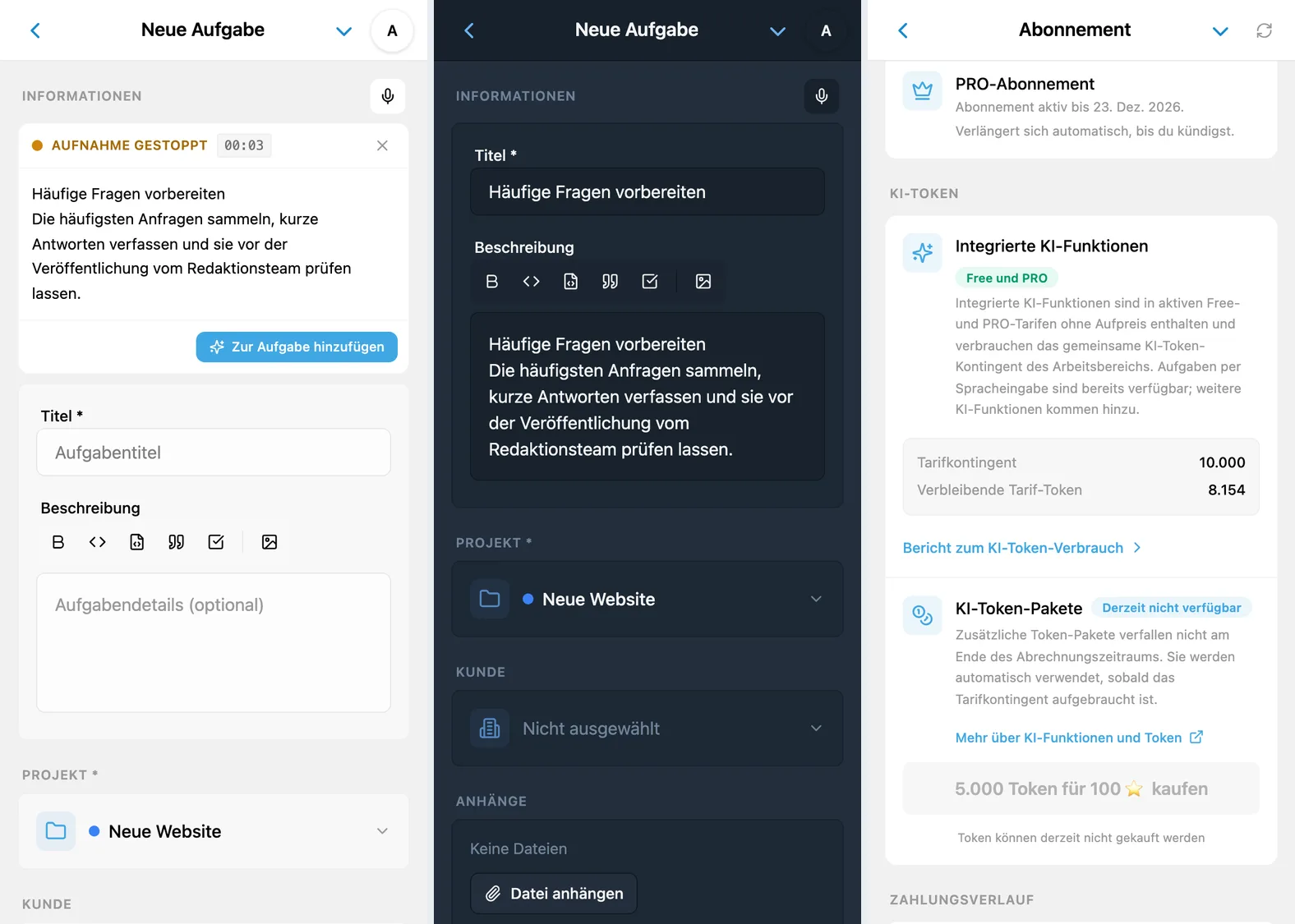 Diktieren in iTasks: erkannter Text, ausgefüllte Aufgabenfelder und verfügbare KI-Token