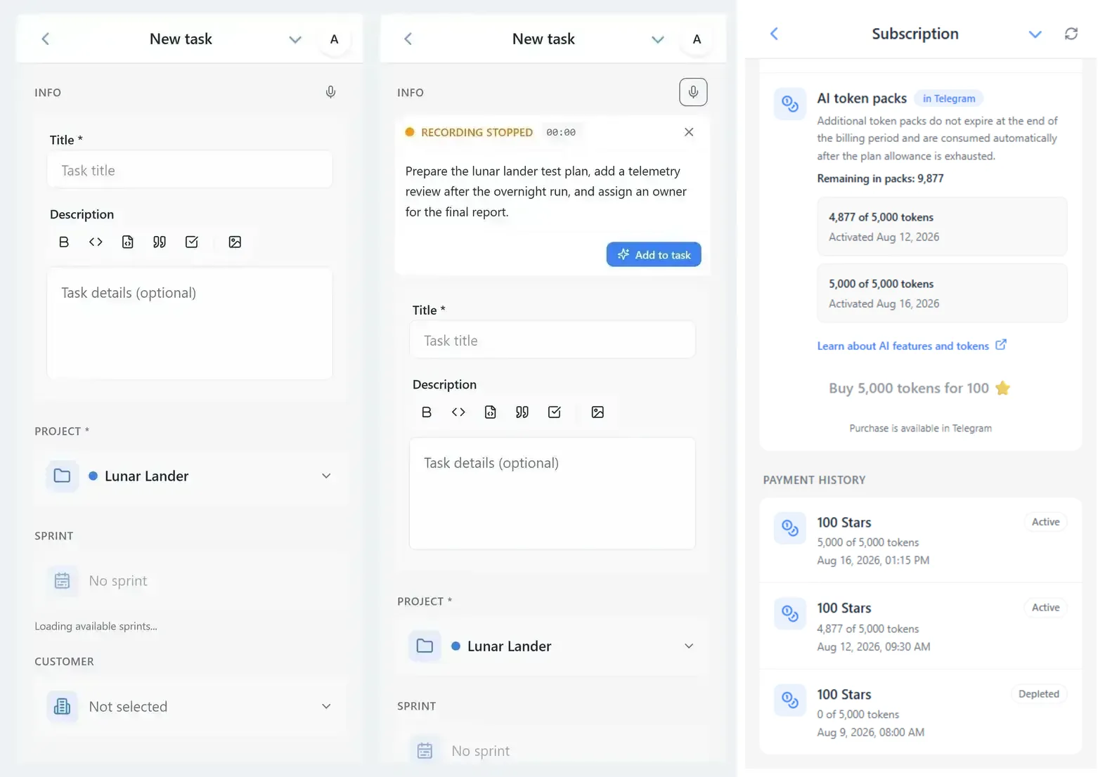 AI voice task creation and AI token allowance in iTasks