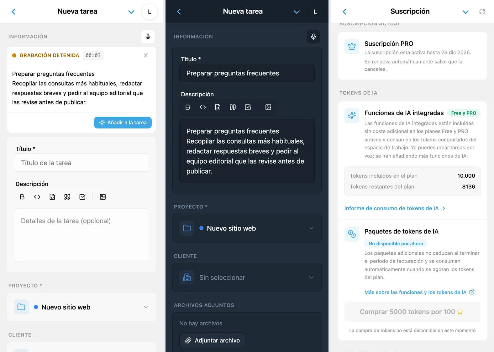 Dictado en iTasks: texto reconocido, campos de tarea completados y tokens de IA disponibles
