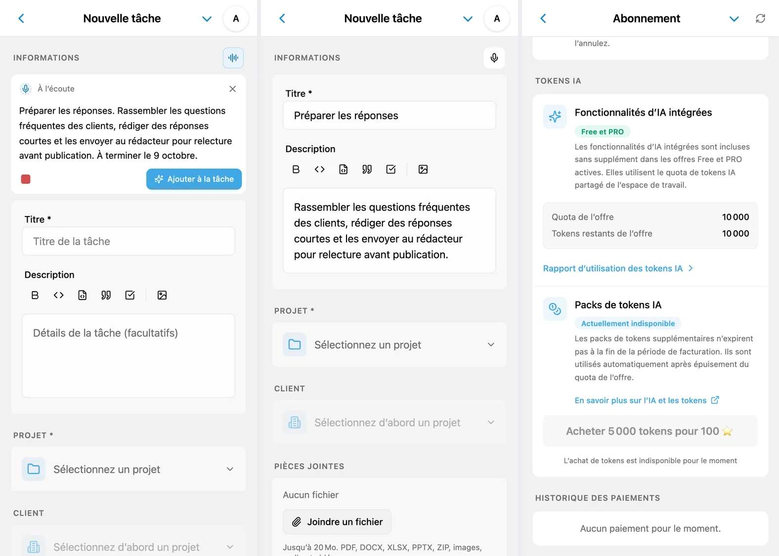 Dictée iTasks : texte reconnu, champs de tâche remplis et solde de tokens IA