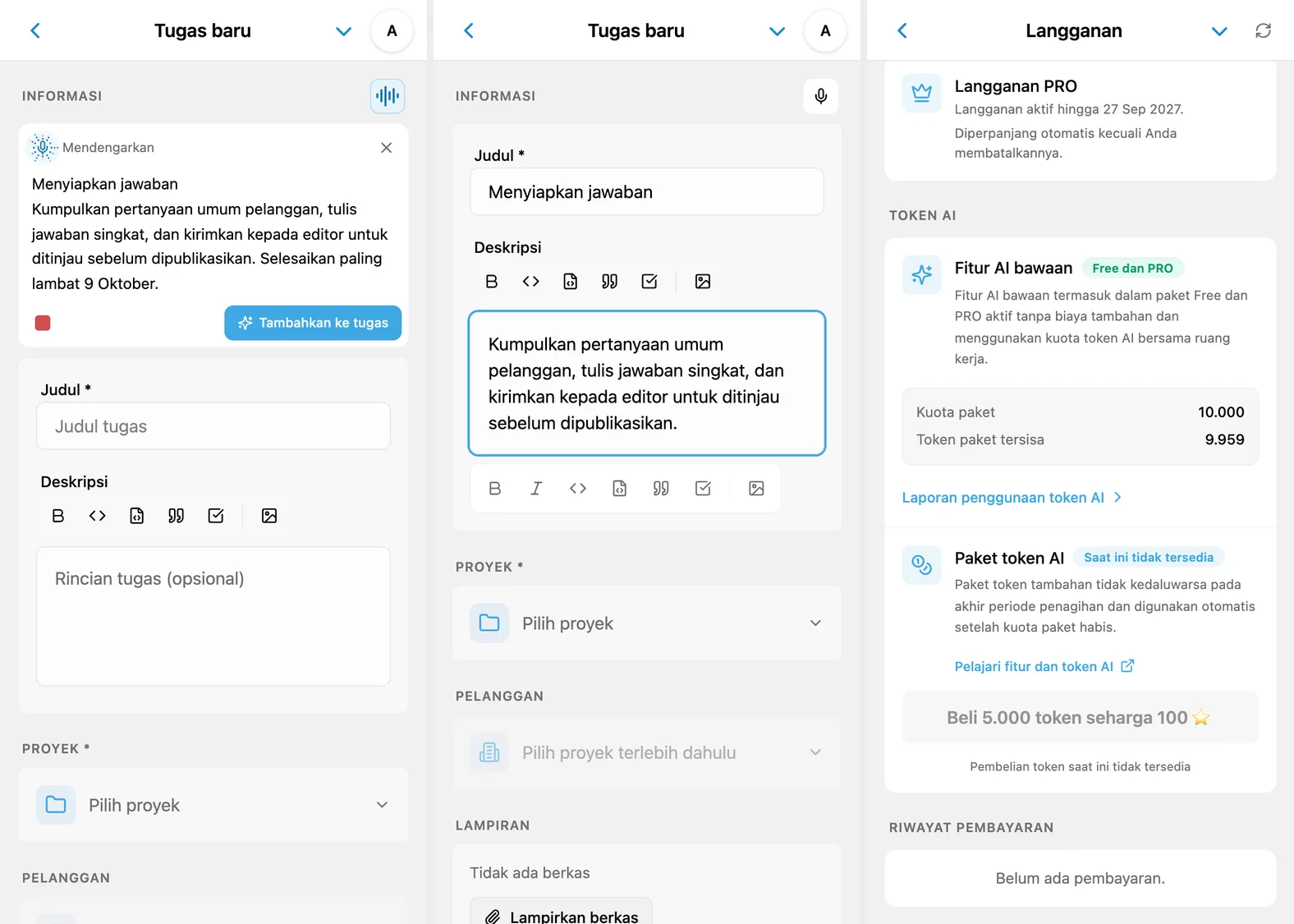 Dikte iTasks: teks yang dikenali, kolom tugas terisi, dan saldo token AI