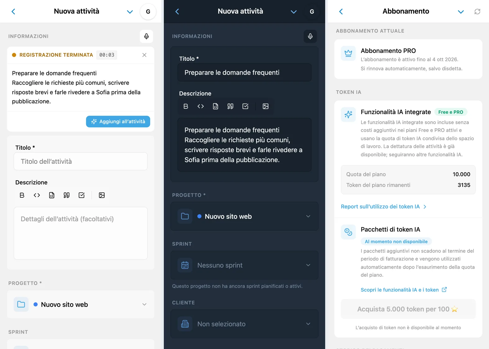 Dettatura in iTasks: testo riconosciuto dal microfono, campi dell’attività compilati e schermata dei token IA
