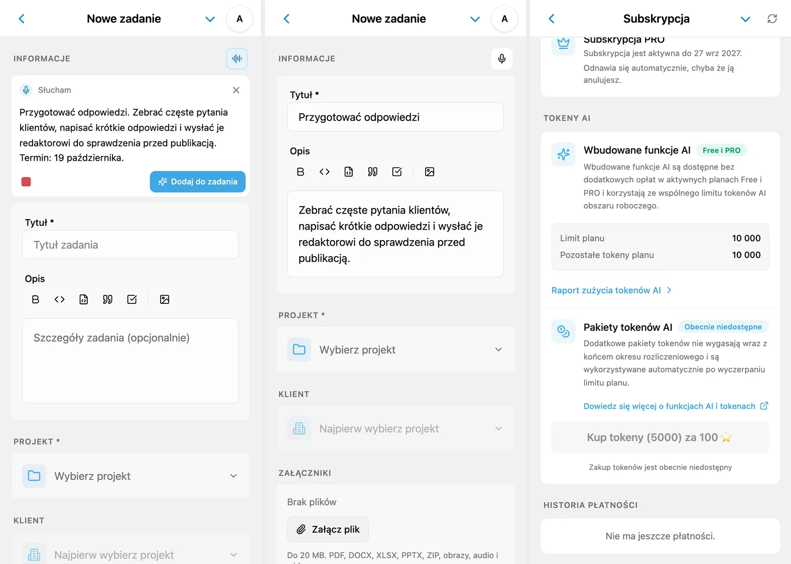 Dyktowanie iTasks: rozpoznany tekst, wypełnione pola zadania i saldo tokenów AI