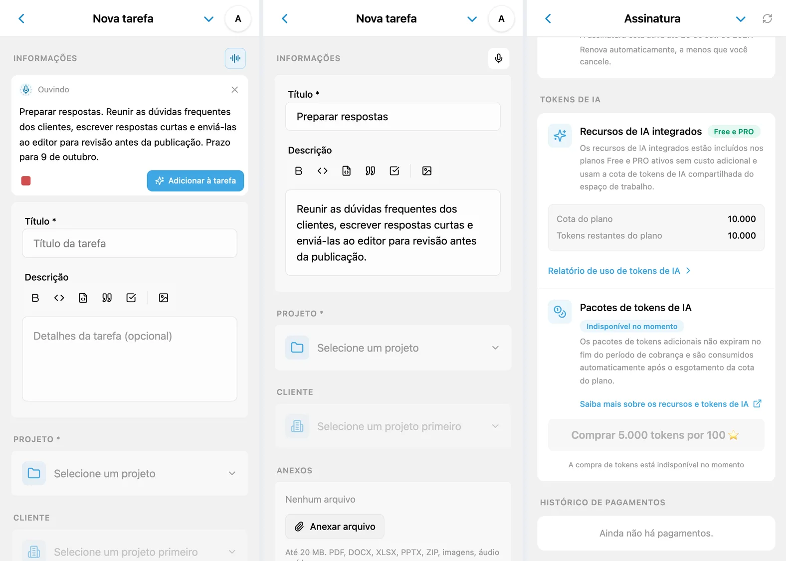 Ditado no iTasks: fala reconhecida, campos preenchidos e tokens de IA disponíveis