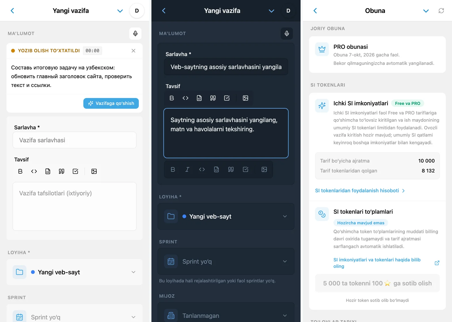iTasks’da ovozli kiritish: tanilgan nutq, to‘ldirilgan vazifa maydonlari va mavjud SI tokenlari