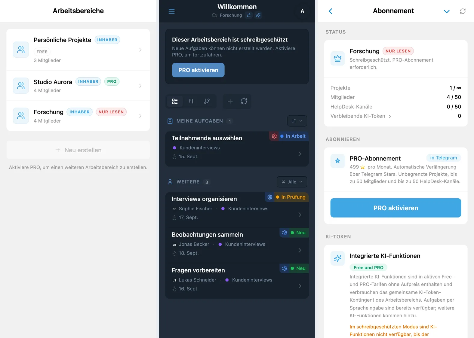 Arbeitsbereichsauswahl in iTasks, Lesemodus für einen weiteren Arbeitsbereich und PRO-Abonnement