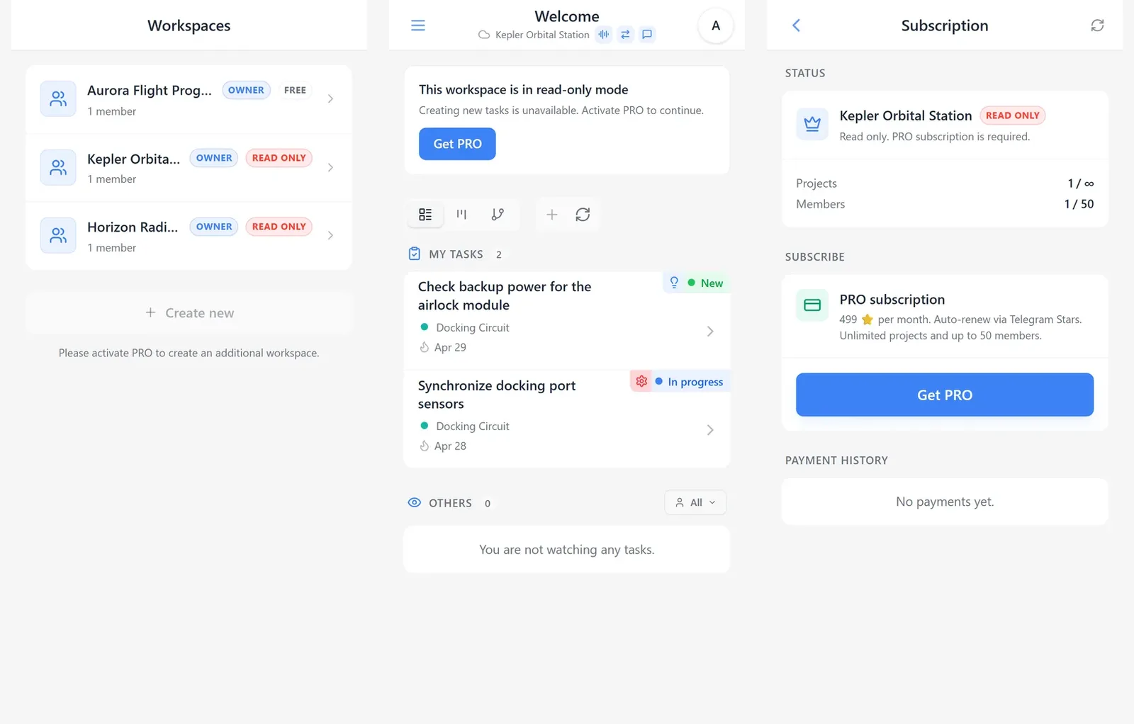 iTasks workspace selector, read-only mode for an additional workspace, and the PRO subscription screen
