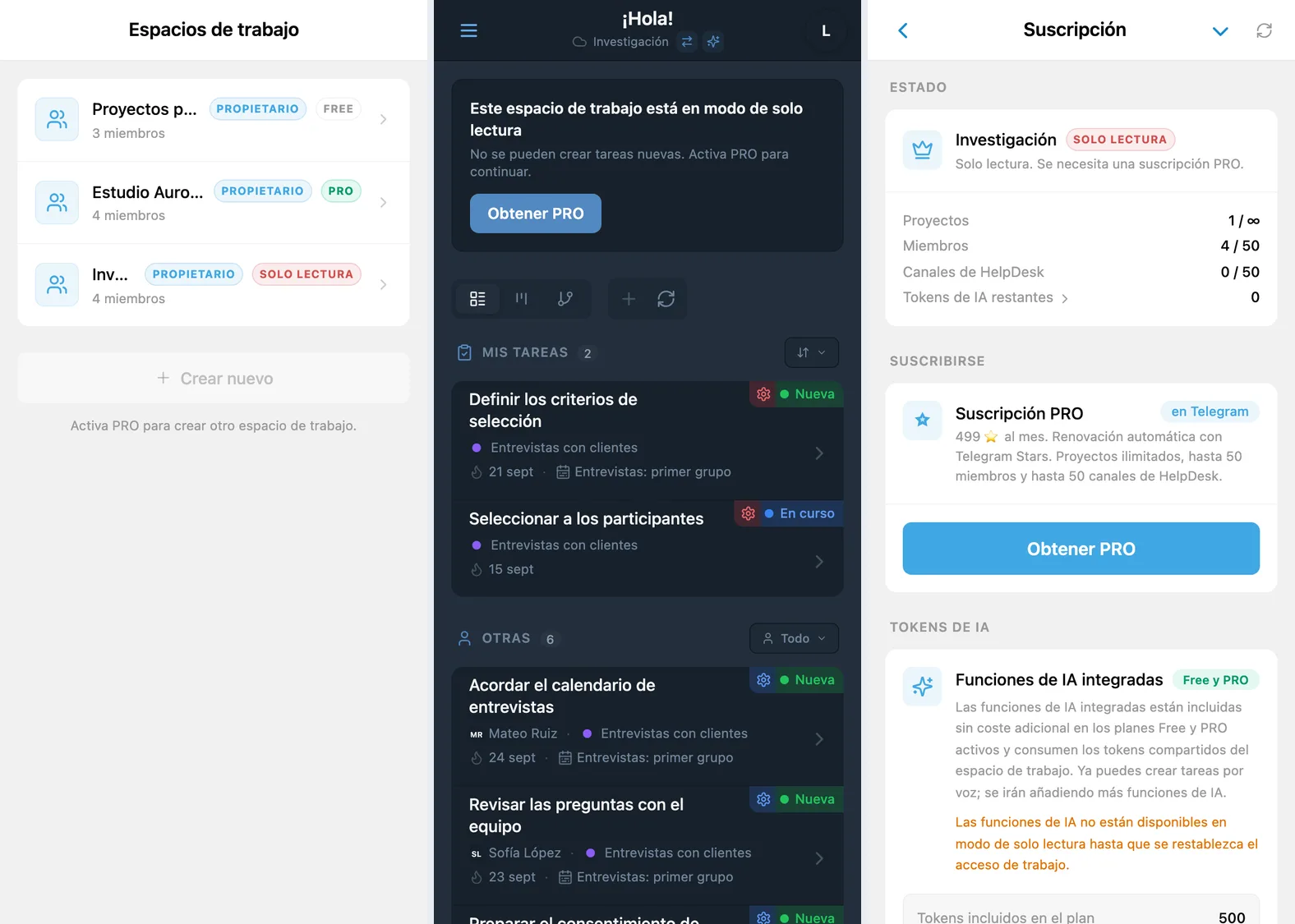Selector de espacios de trabajo de iTasks, modo de solo lectura de un espacio adicional y pantalla de suscripción PRO