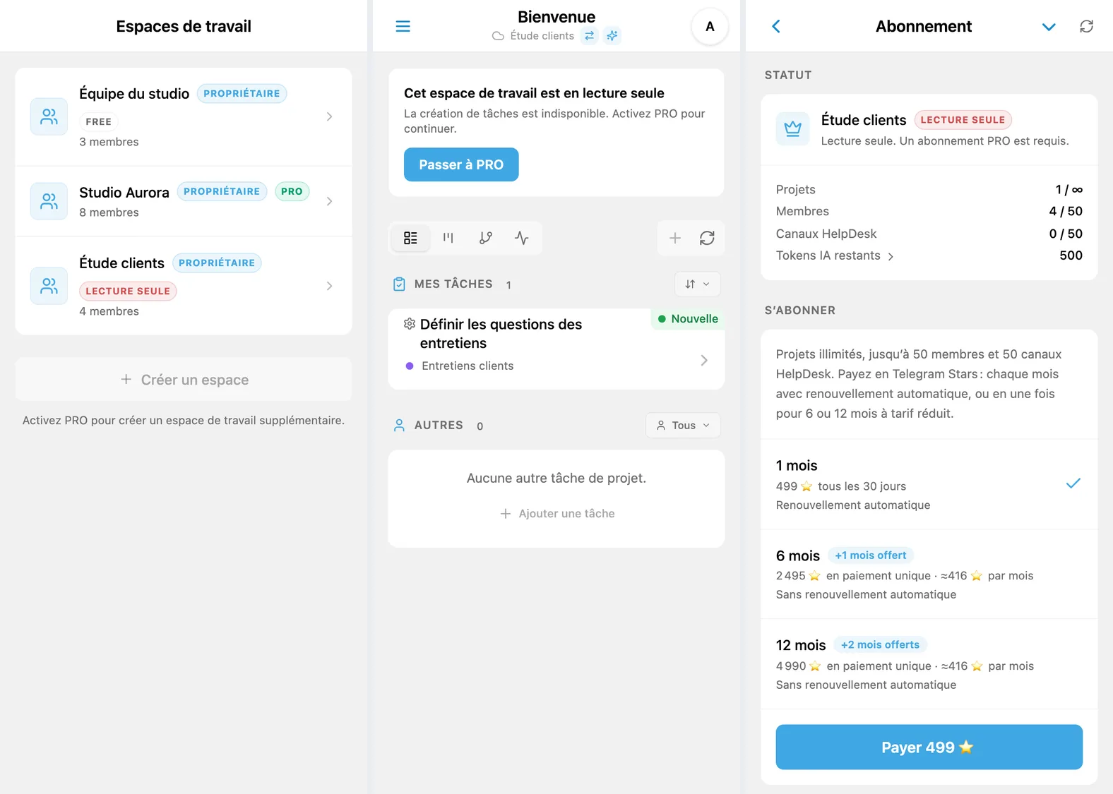 Sélecteur d’espaces iTasks, espace supplémentaire en lecture seule et écran d’abonnement PRO