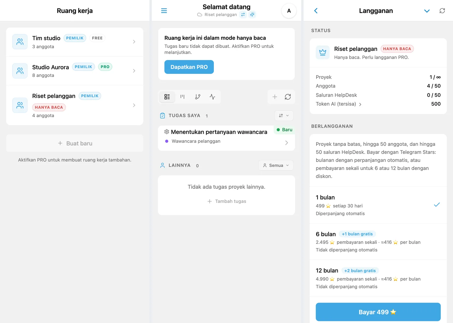 Pemilih ruang kerja iTasks, ruang kerja tambahan yang hanya baca, dan layar langganan PRO