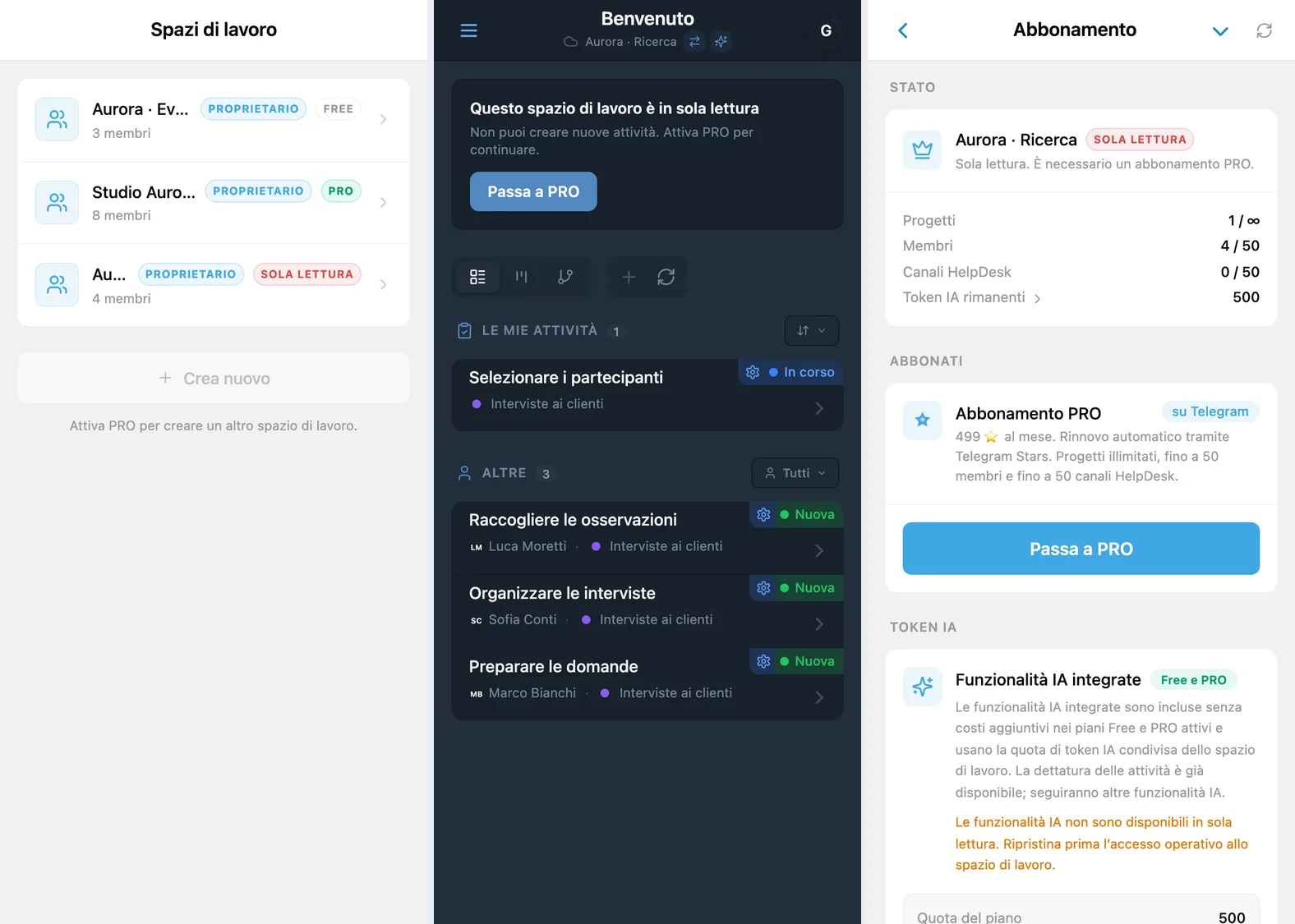 Selettore degli spazi di lavoro di iTasks, modalità di sola lettura per uno spazio aggiuntivo e schermata dell’abbonamento PRO