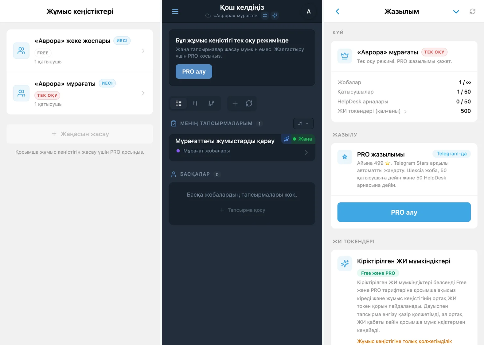 iTasks жұмыс кеңістігін таңдау құралы, қосымша кеңістіктің тек оқу режимі және PRO жазылымы экраны
