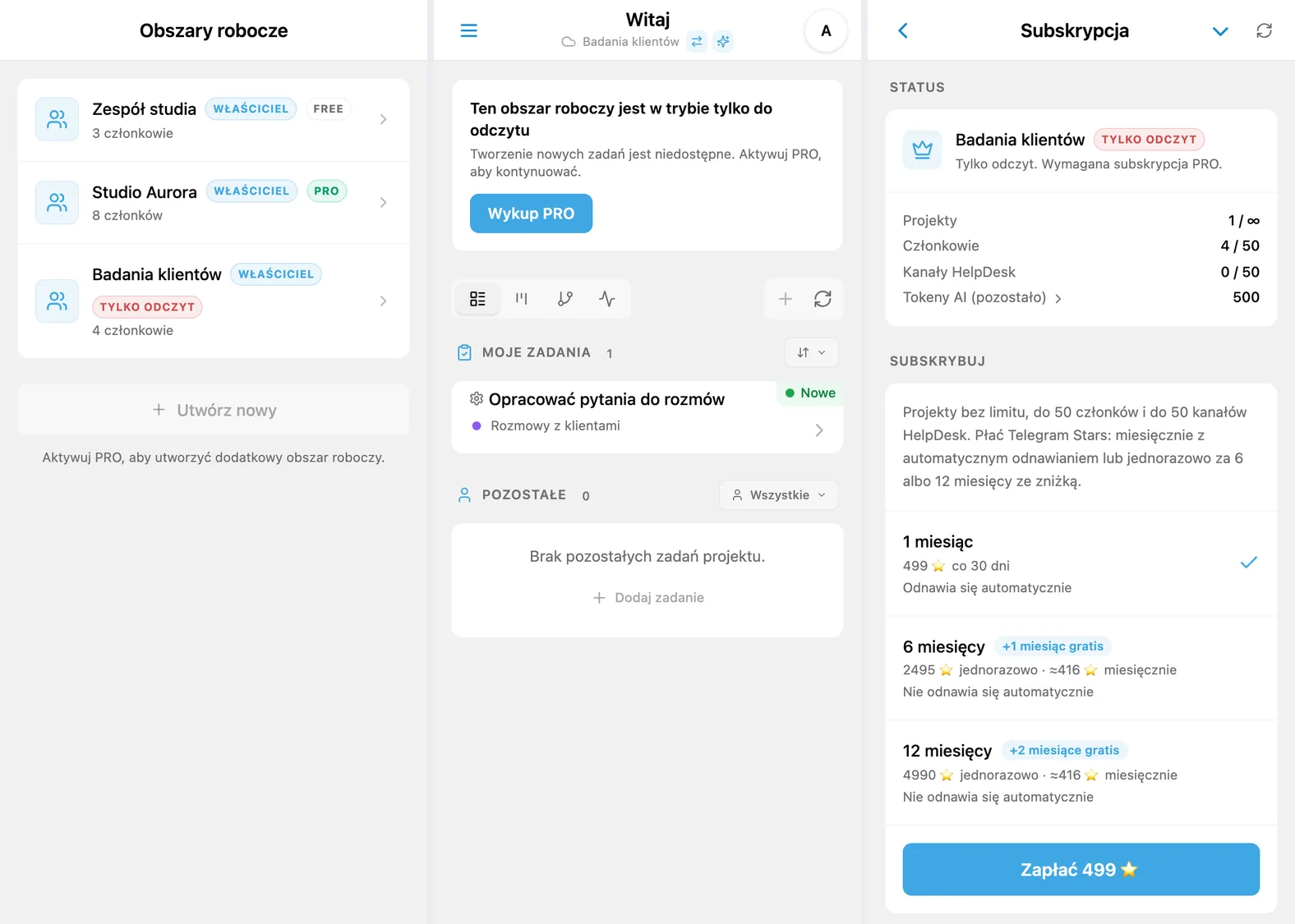 Przełącznik obszarów iTasks, dodatkowy obszar tylko do odczytu i ekran abonamentu PRO