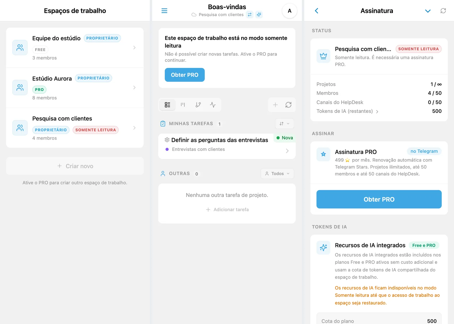 Seletor de espaços do iTasks, modo somente leitura em um espaço adicional e tela de assinatura PRO