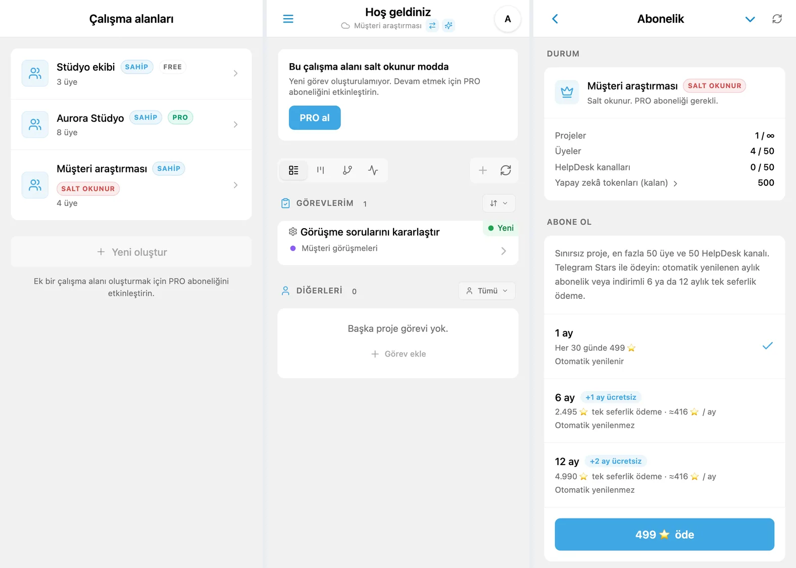 iTasks çalışma alanı seçicisi, ek çalışma alanında salt okunur mod ve PRO abonelik ekranı