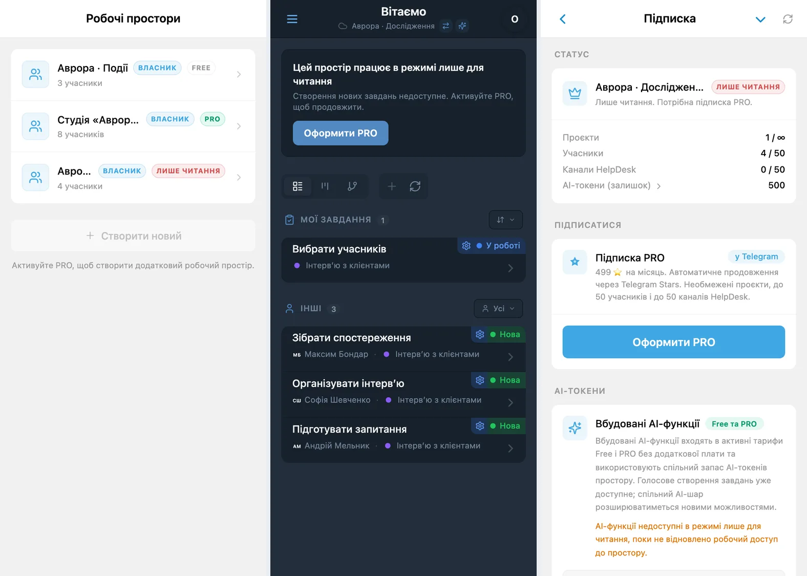 Вибір простору iTasks, read-only режим додаткового простору та екран оформлення PRO