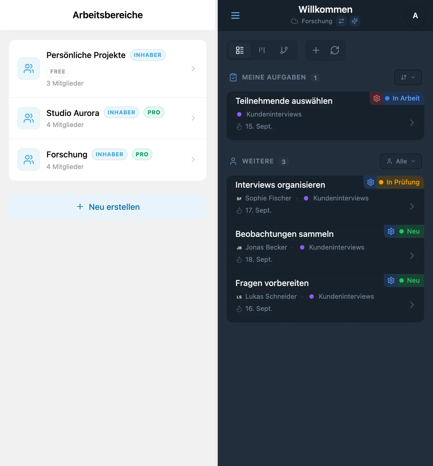 Zwischen FREE- und PRO-Arbeitsbereichen in iTasks nach der Abonnementaktivierung wechseln