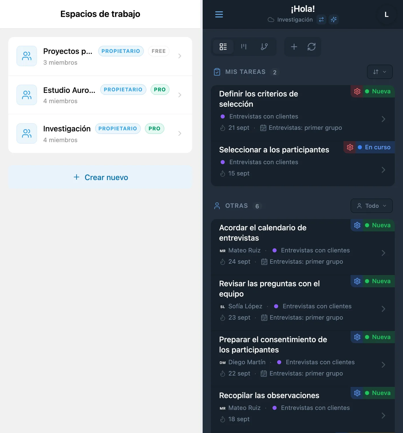 Cambio entre espacios de trabajo FREE y PRO en iTasks después de activar la suscripción