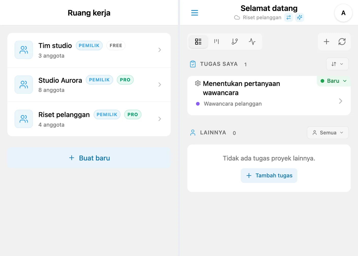 Beralih antara ruang kerja Free dan PRO di iTasks setelah langganan diaktifkan