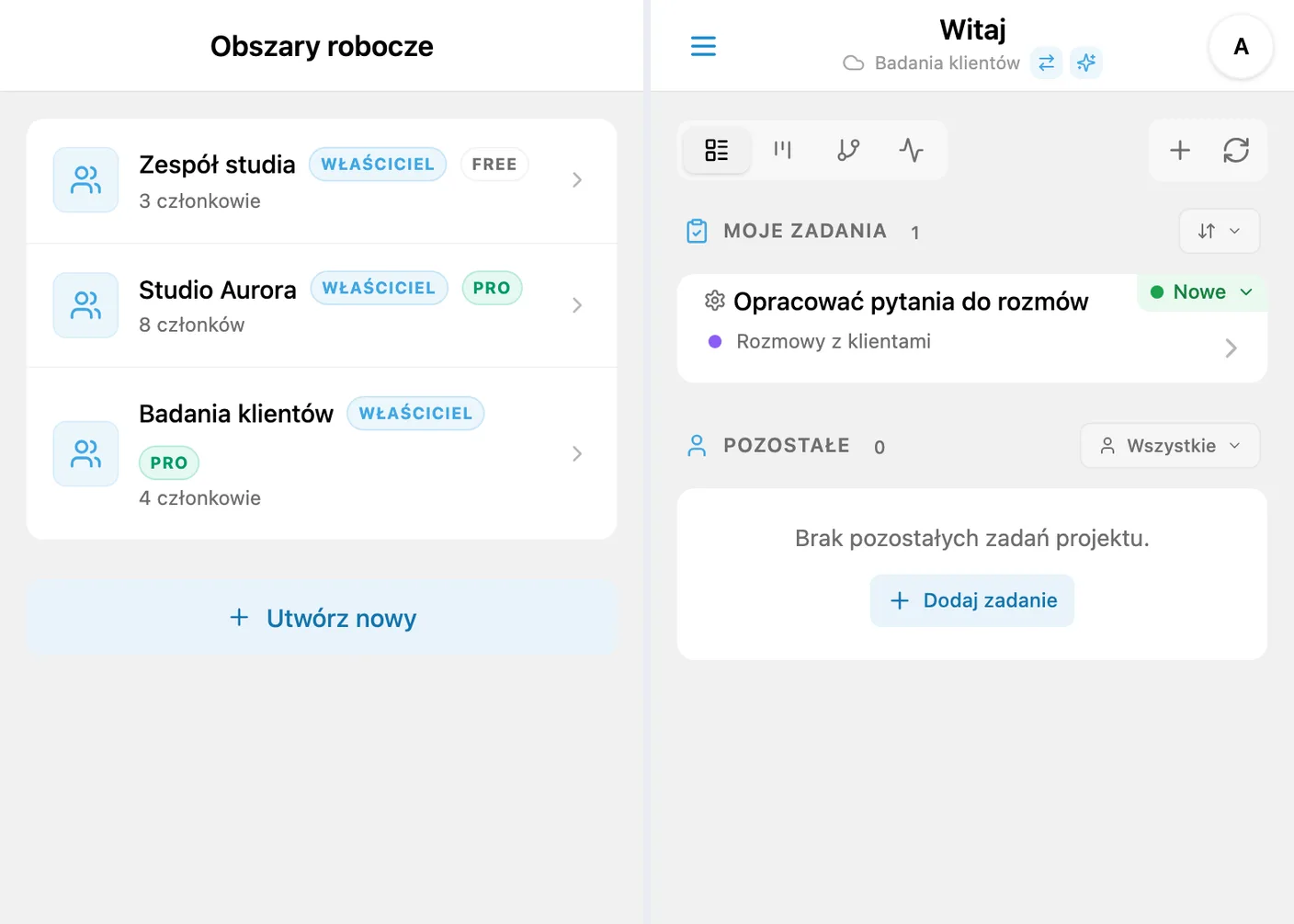 Przełączanie między obszarami Free i PRO w iTasks po aktywacji abonamentu