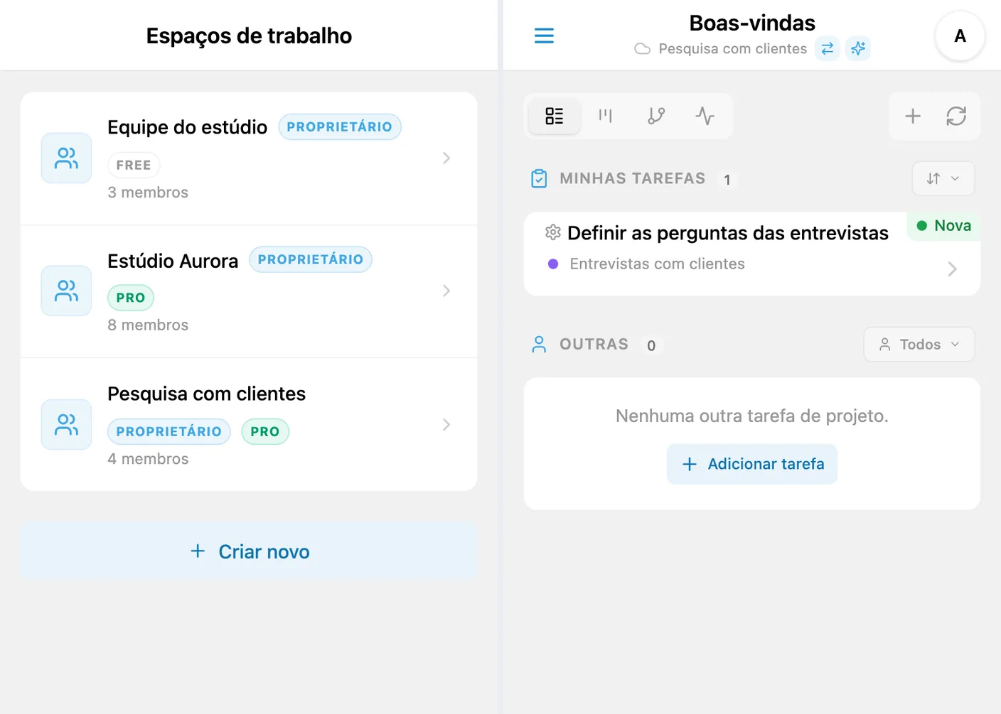 Troca entre espaços FREE e PRO no iTasks após a ativação da assinatura