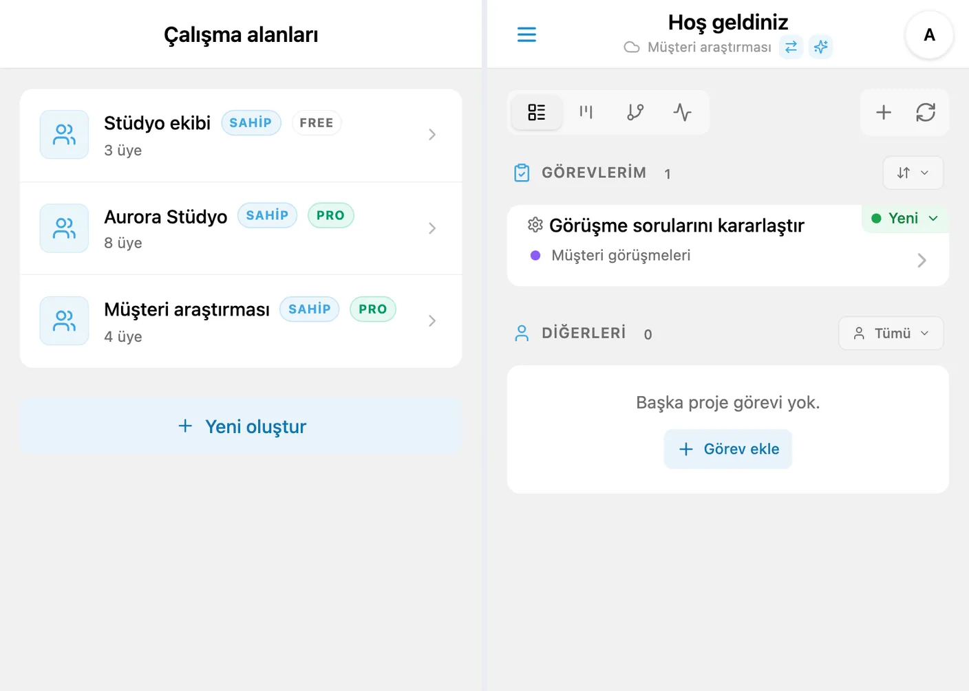 Abonelik etkinleştirildikten sonra iTasks’ta FREE ve PRO çalışma alanları arasında geçiş