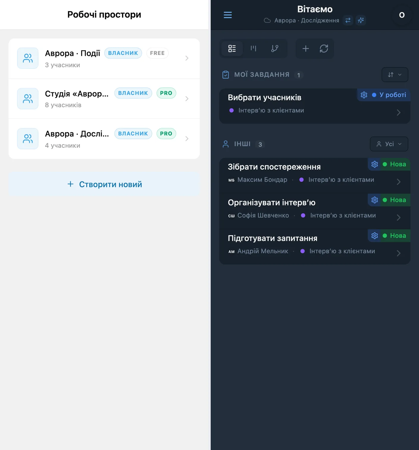 Перемикання між FREE і PRO просторами iTasks після активації підписки