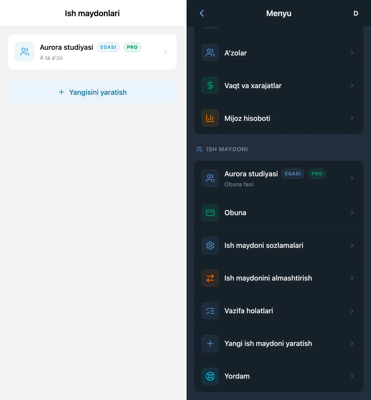 Obuna yoqilgach iTasks’da FREE va PRO ish maydonlari o‘rtasida almashish