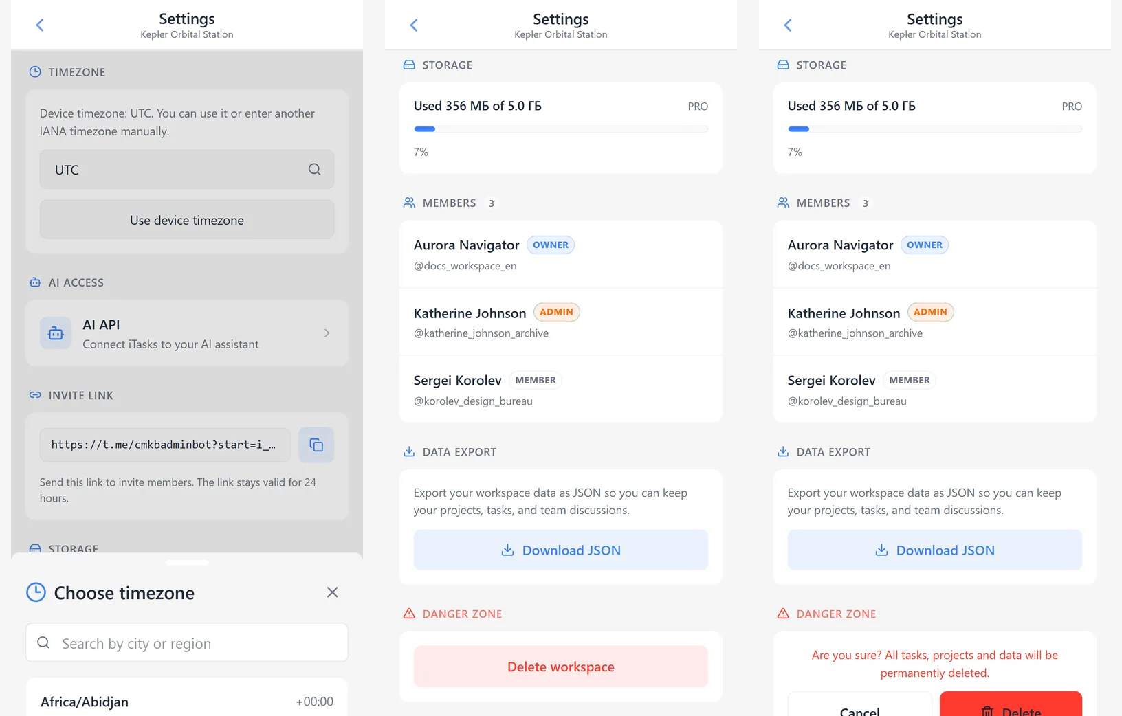iTasks workspace settings: timezone, invite link, storage, members, JSON export, and deletion