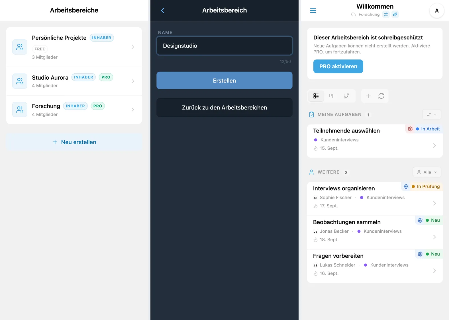 Arbeitsbereichsauswahl, ausgefülltes Formular für einen neuen Arbeitsbereich und Lesemodus aufgrund der Free-Limits