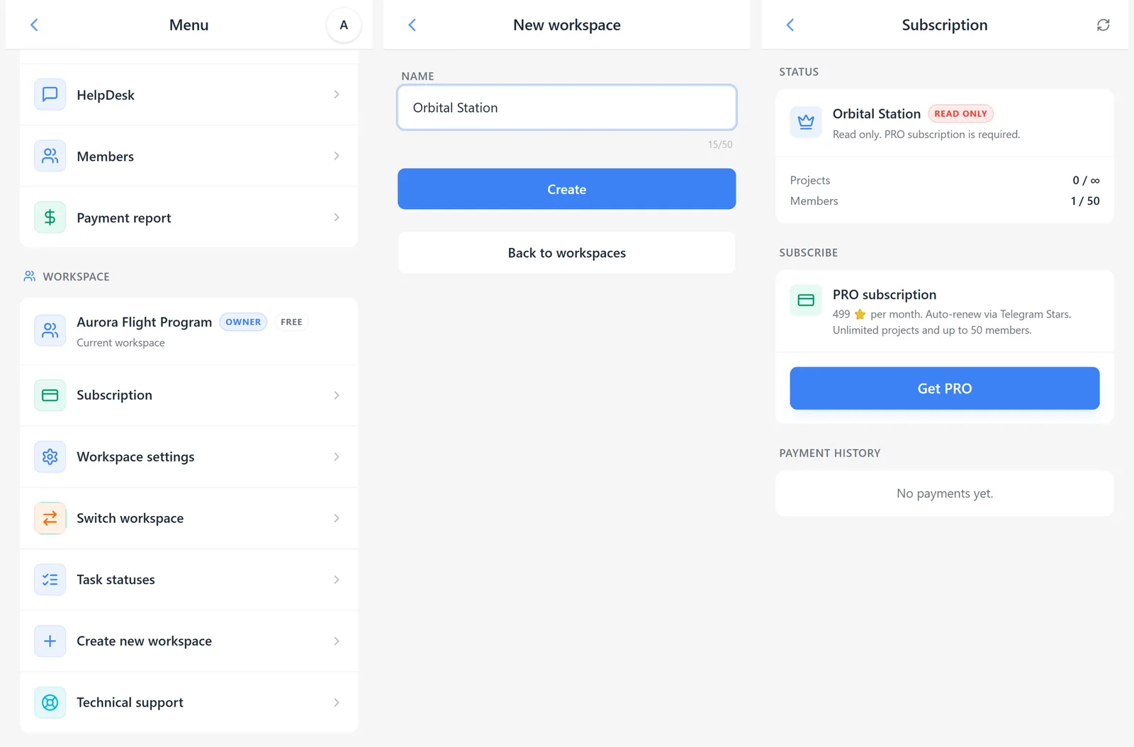 Creating a new workspace via the iTasks main menu and free plan read-only limit
