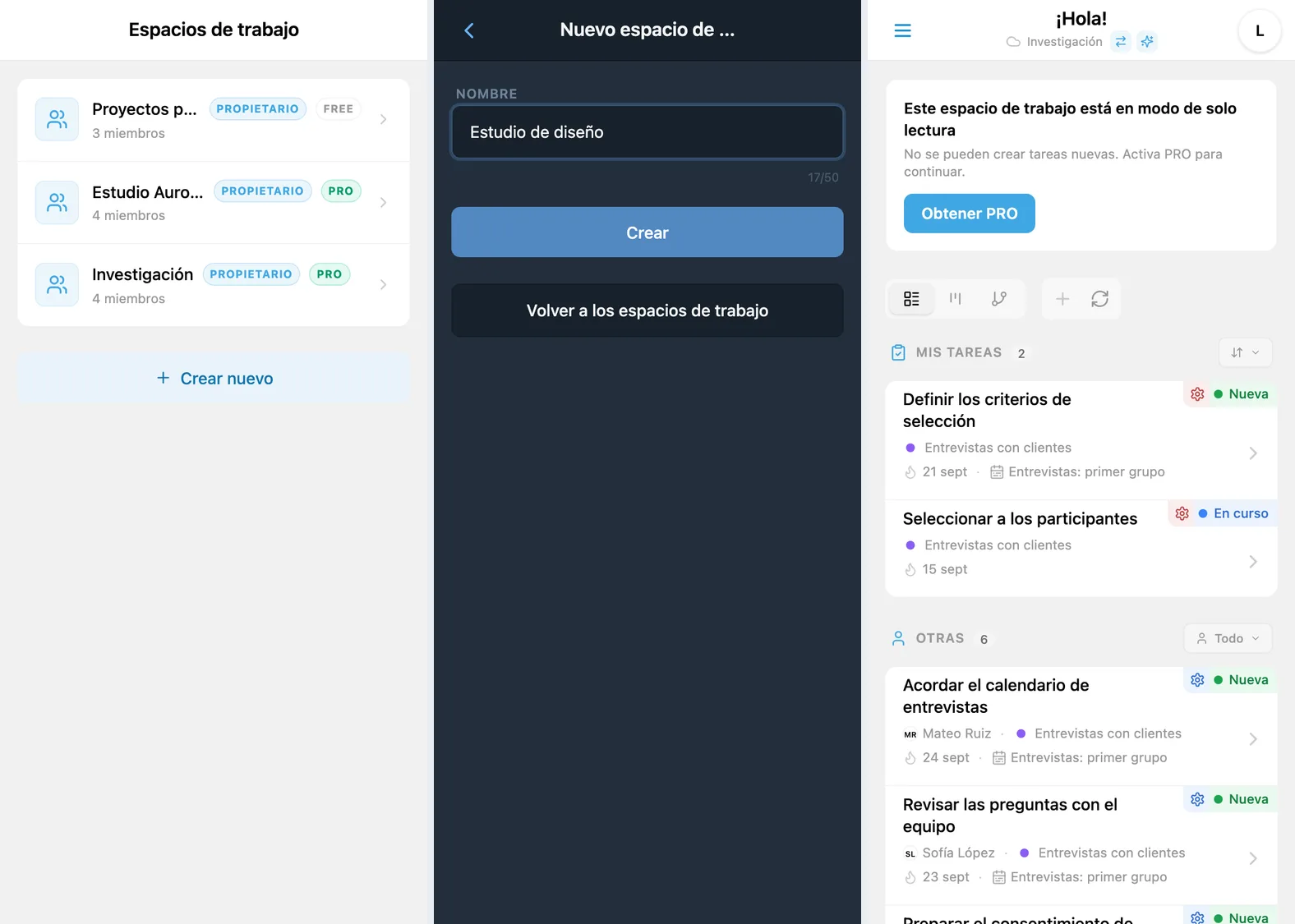 Selector de espacios de trabajo, formulario completado de un nuevo espacio y modo de solo lectura por el límite del plan Free