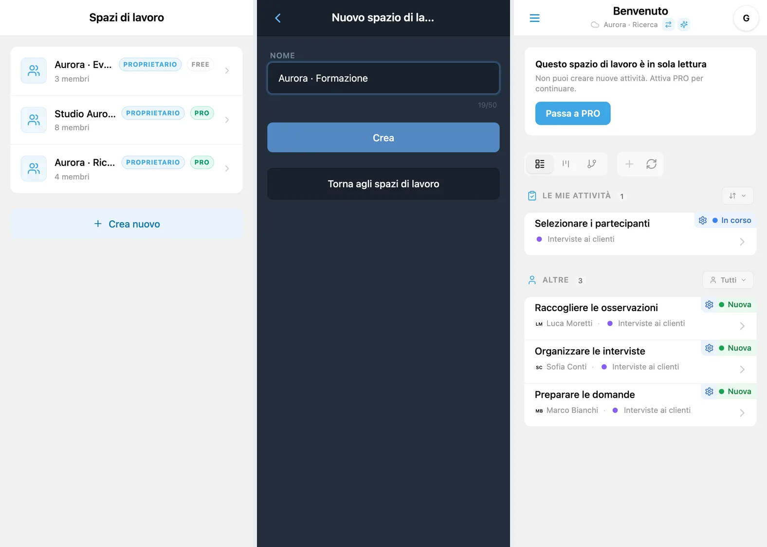 Creazione di un nuovo spazio di lavoro dal menu principale di iTasks e limite di sola lettura del piano gratuito