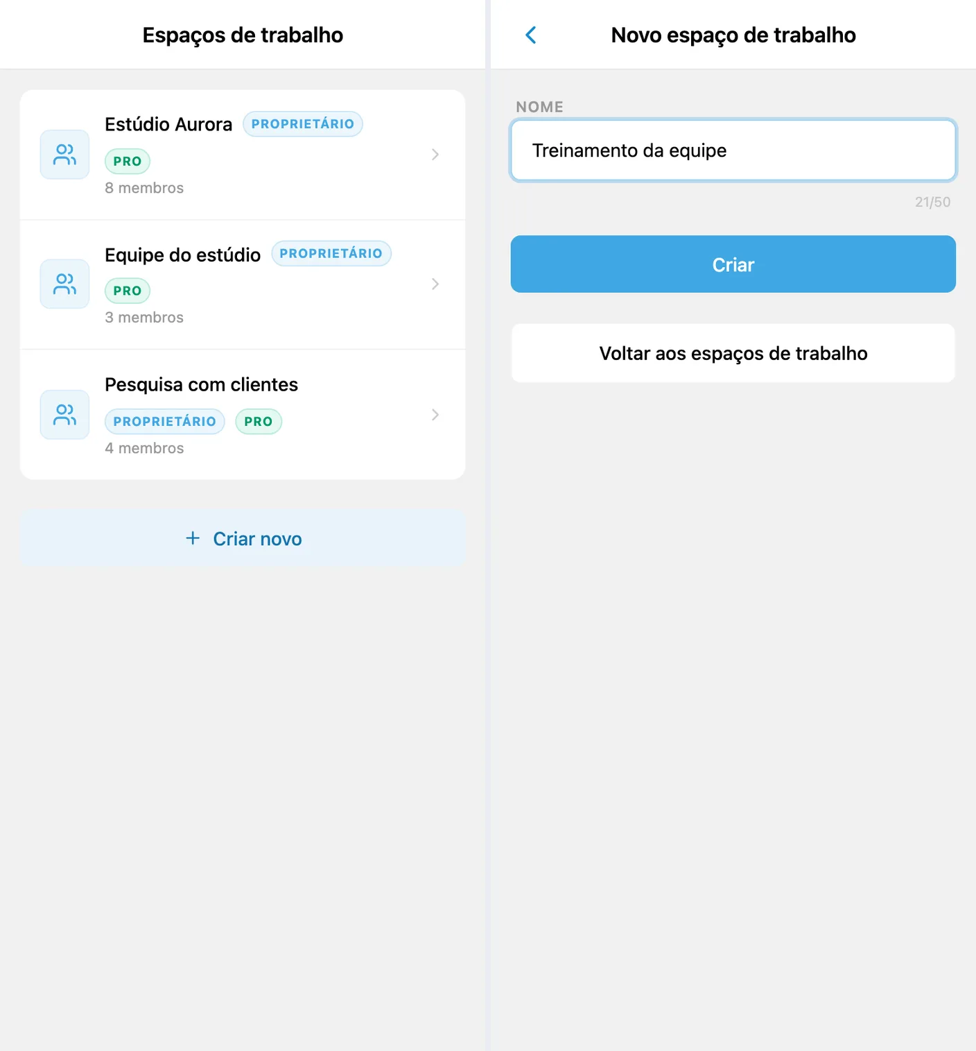 Lista de espaços com botão de criação disponível e formulário de novo espaço preenchido