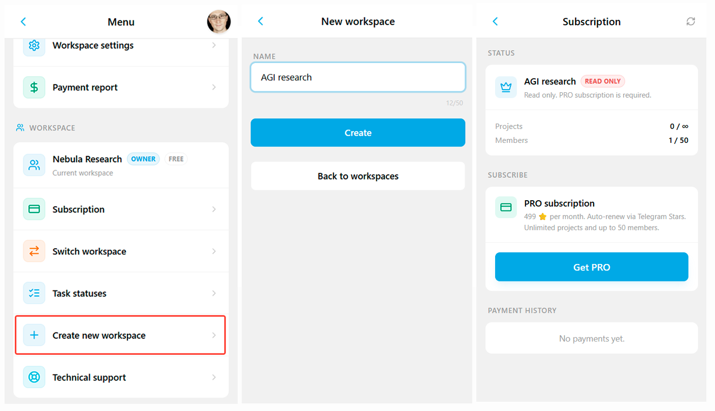 Creating a new workspace via the iTasks main menu