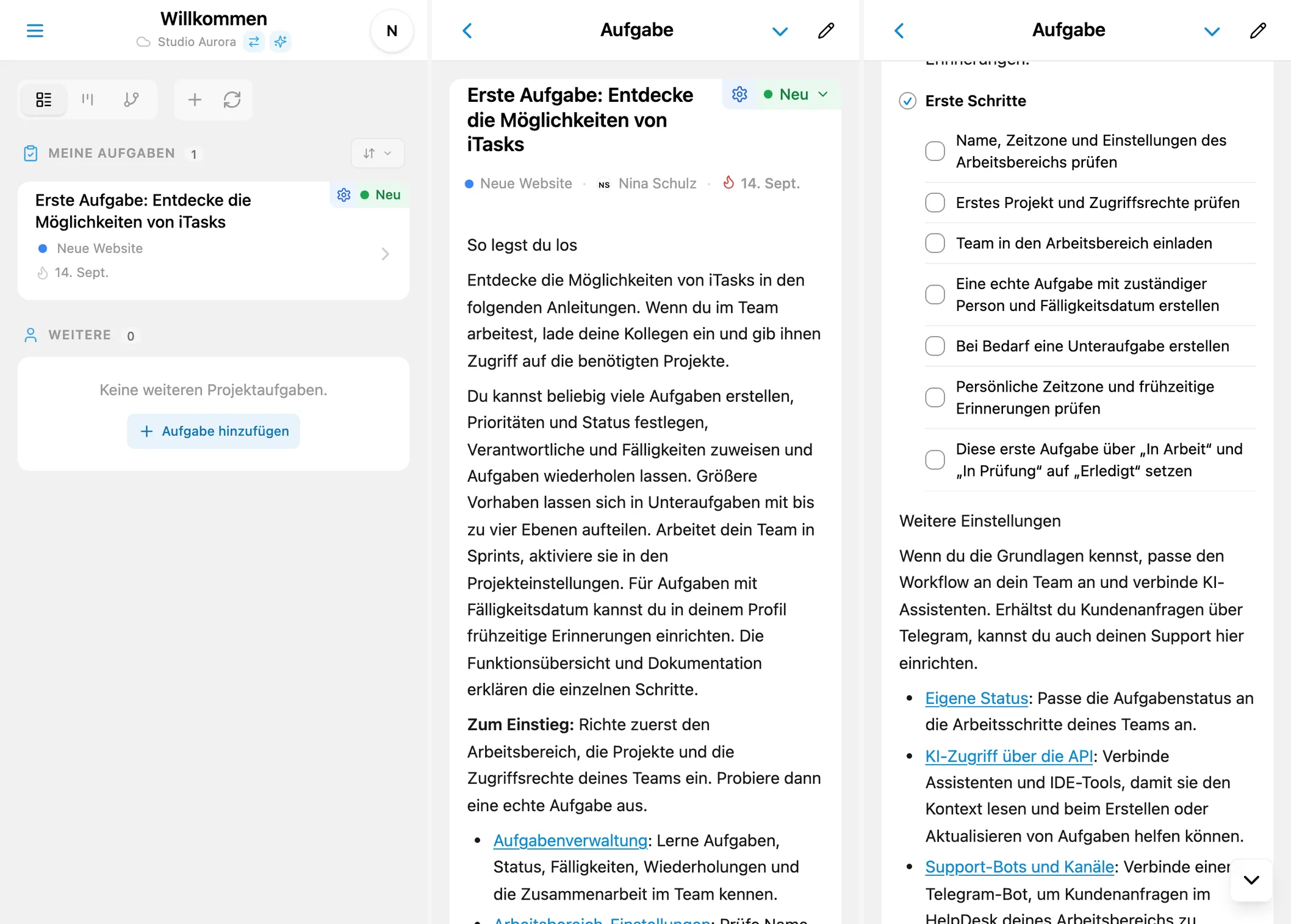 Die erste Aufgabe in iTasks: Aufgabenliste, Einstiegshilfe und Checkliste
