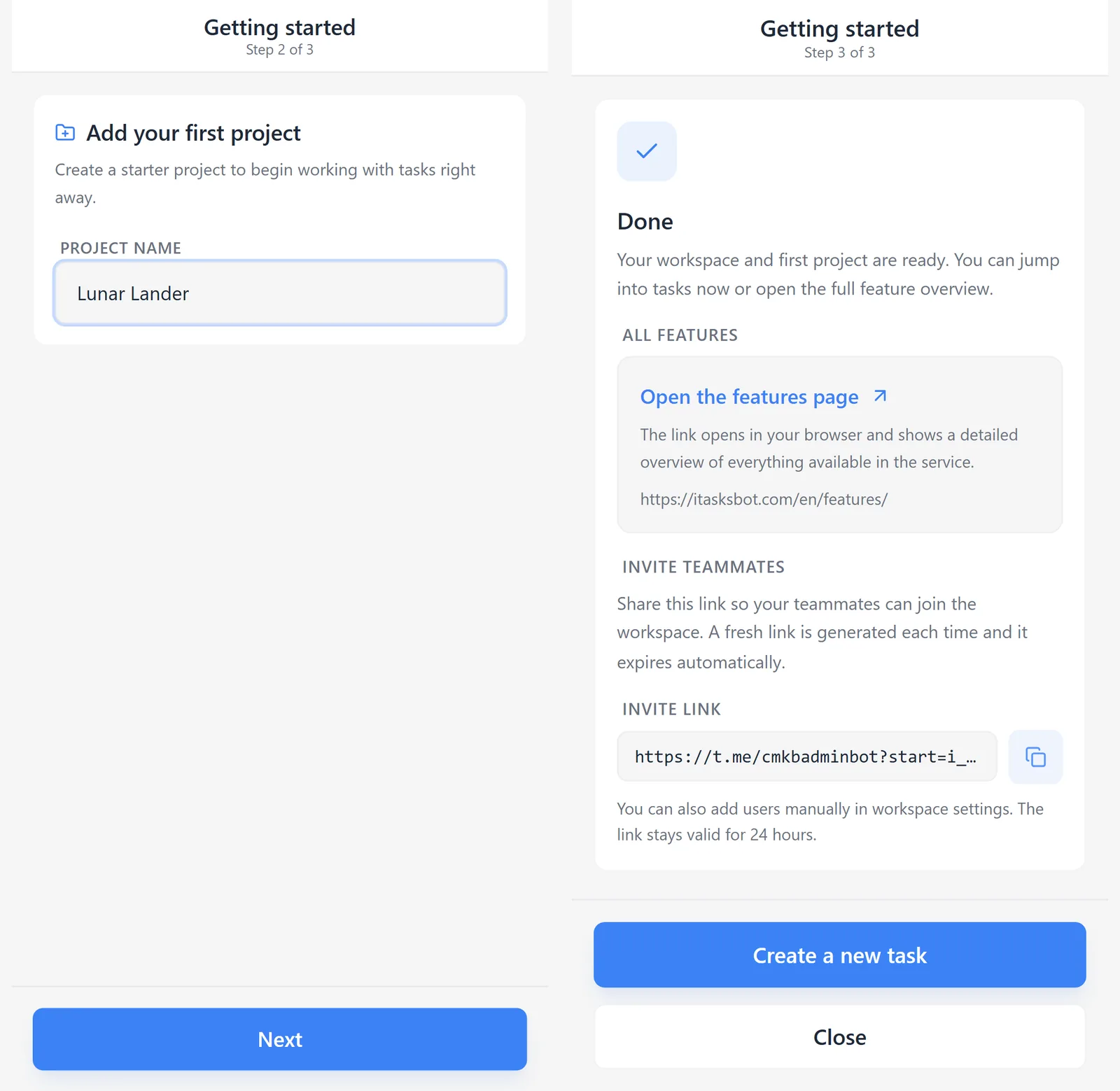 Completing iTasks onboarding: first project and ready workspace