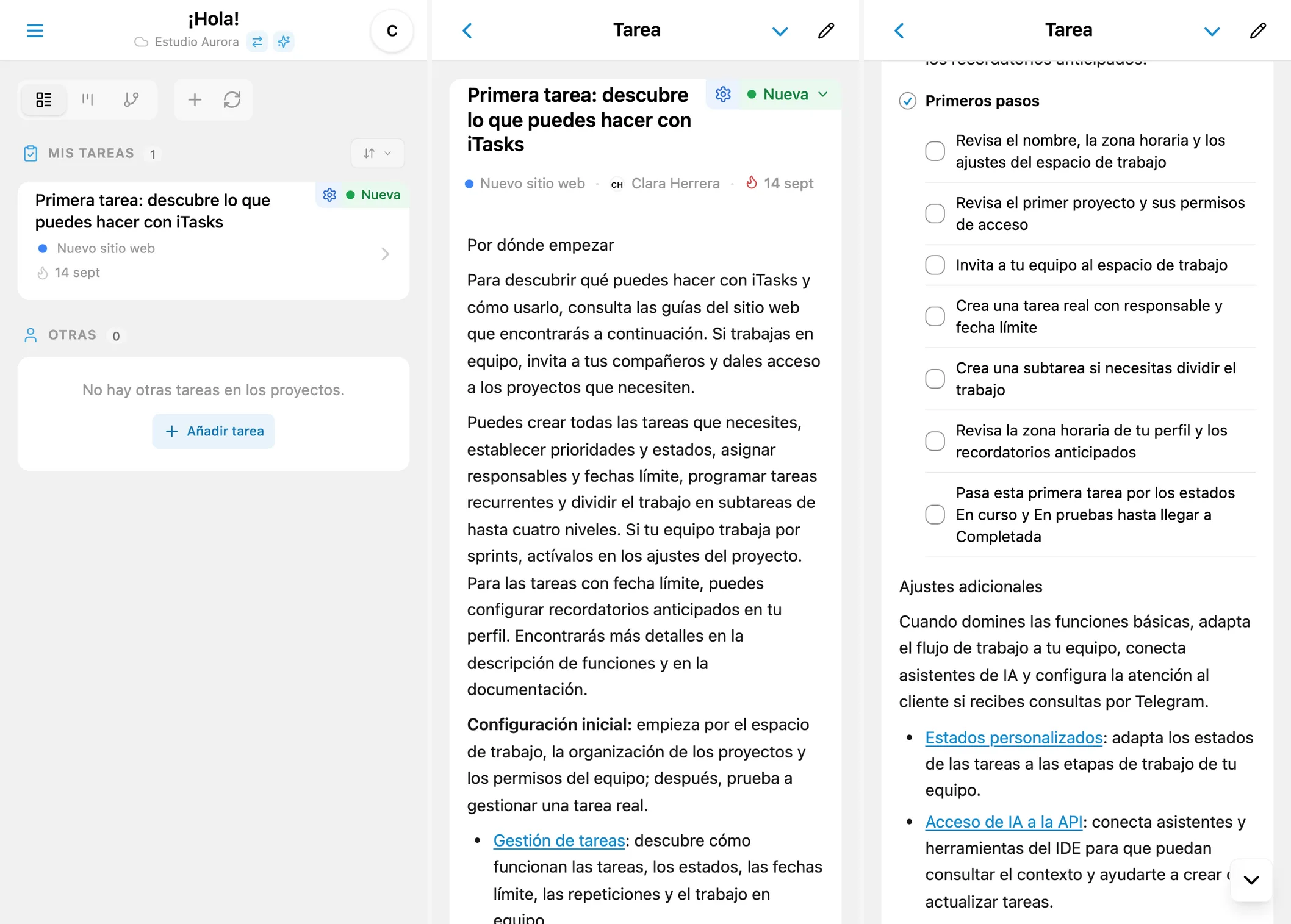Primera tarea de iTasks: lista de tareas, guía de inicio y lista de verificación
