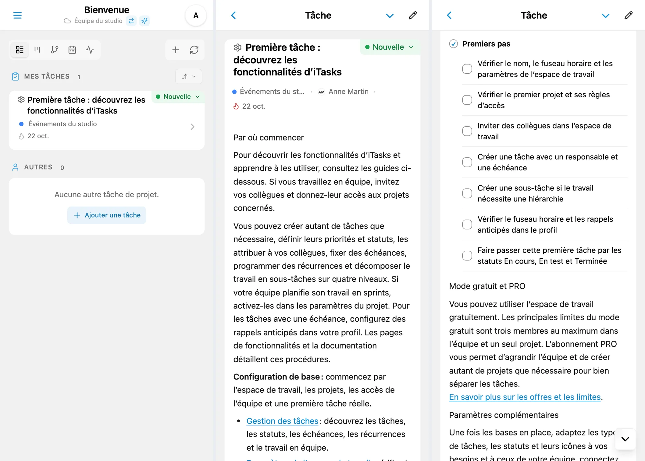 Première tâche iTasks : liste, guide de démarrage et liste de contrôle