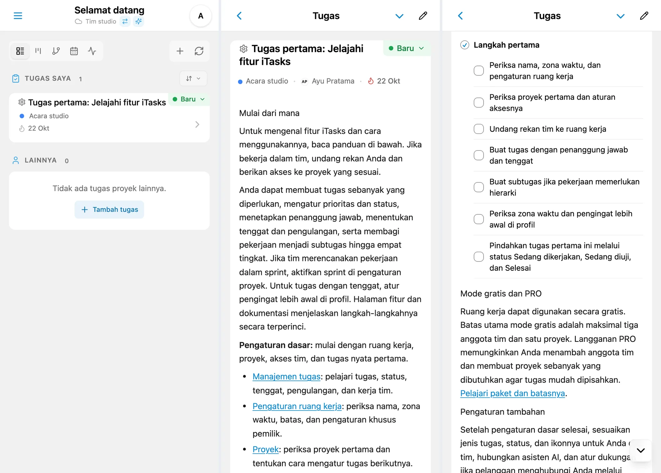 Tugas pertama iTasks: daftar, panduan awal, dan daftar periksa