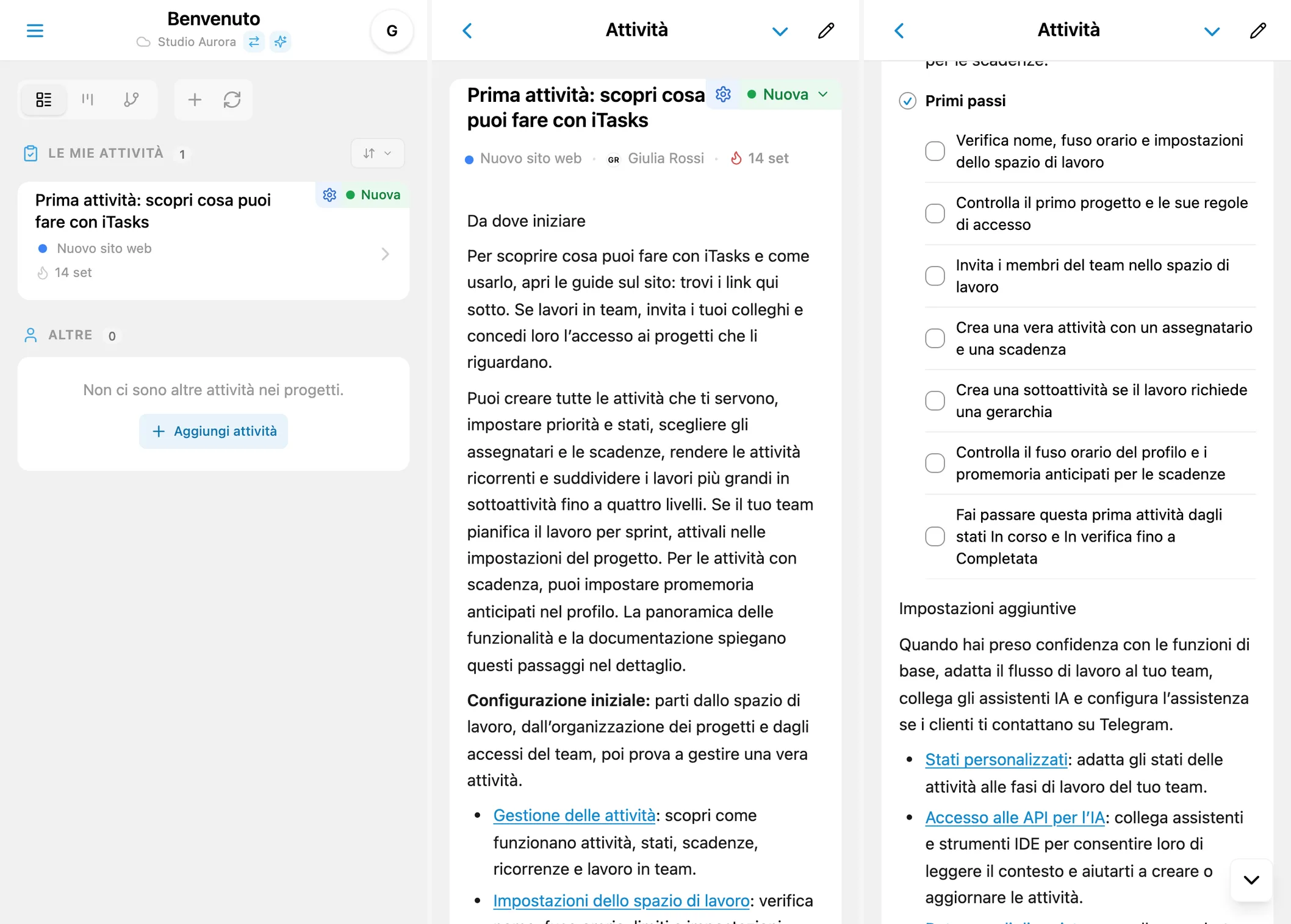 Risultato della configurazione iniziale di iTasks: schermata principale con la prima attività, guida introduttiva e checklist dei primi passi