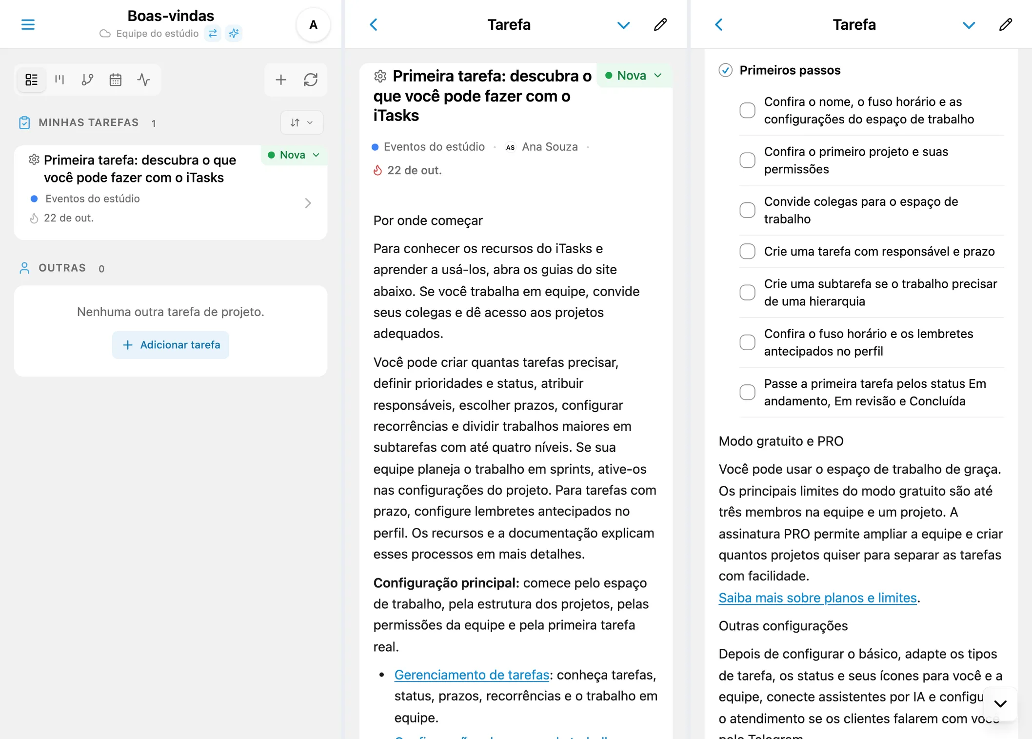 Primeira tarefa do iTasks: lista de tarefas, guia de primeiros passos e checklist