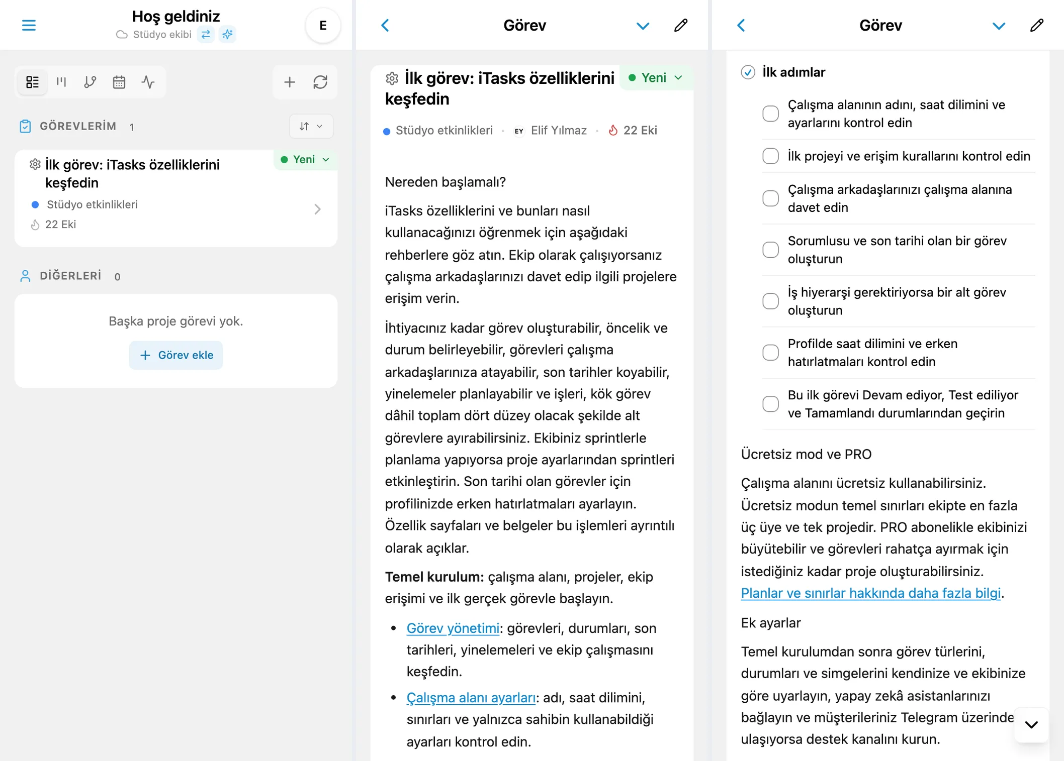 İlk iTasks görevi: görev listesi, başlangıç kılavuzu ve kontrol listesi