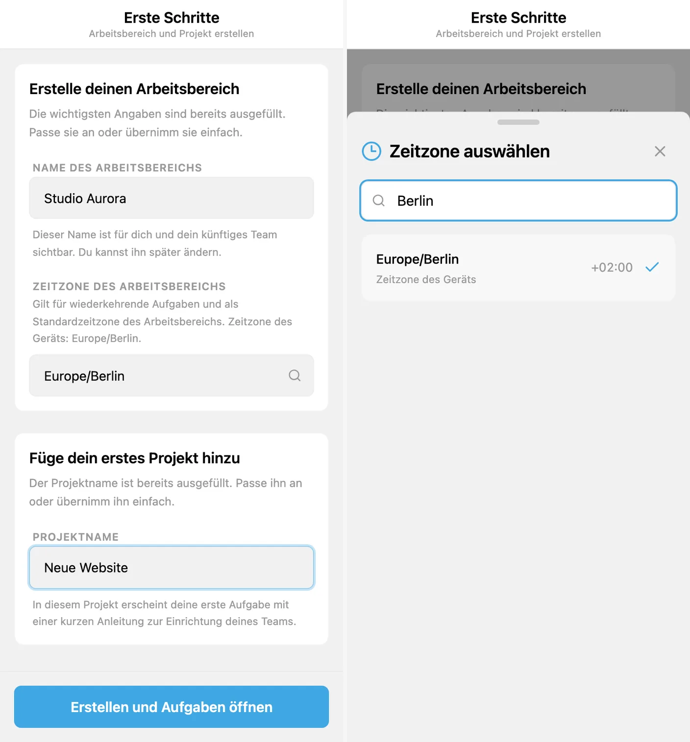 Ersteinrichtung in iTasks: Arbeitsbereich, Zeitzone und erstes Projekt
