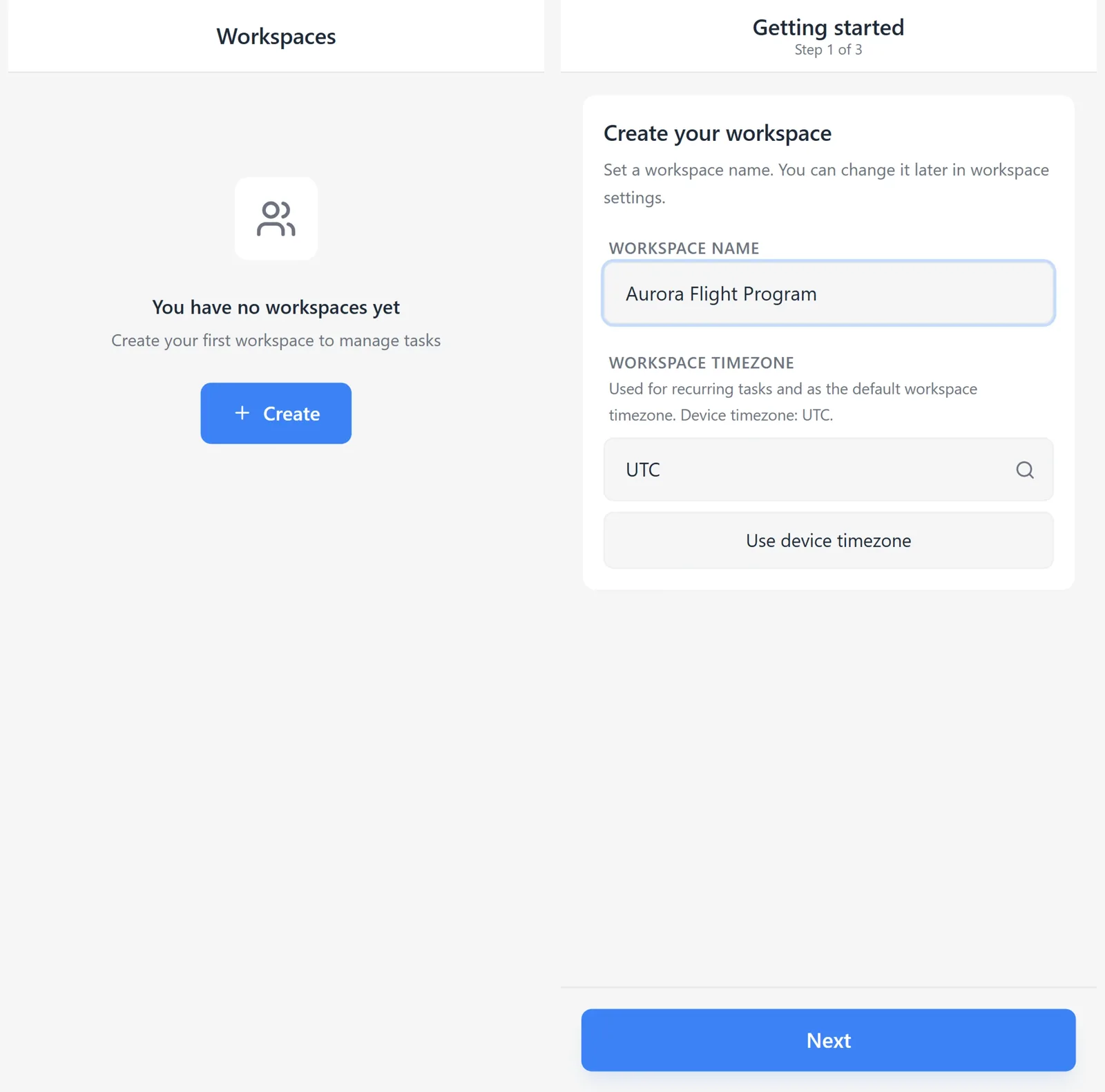First iTasks onboarding steps: empty workspace list and workspace creation form