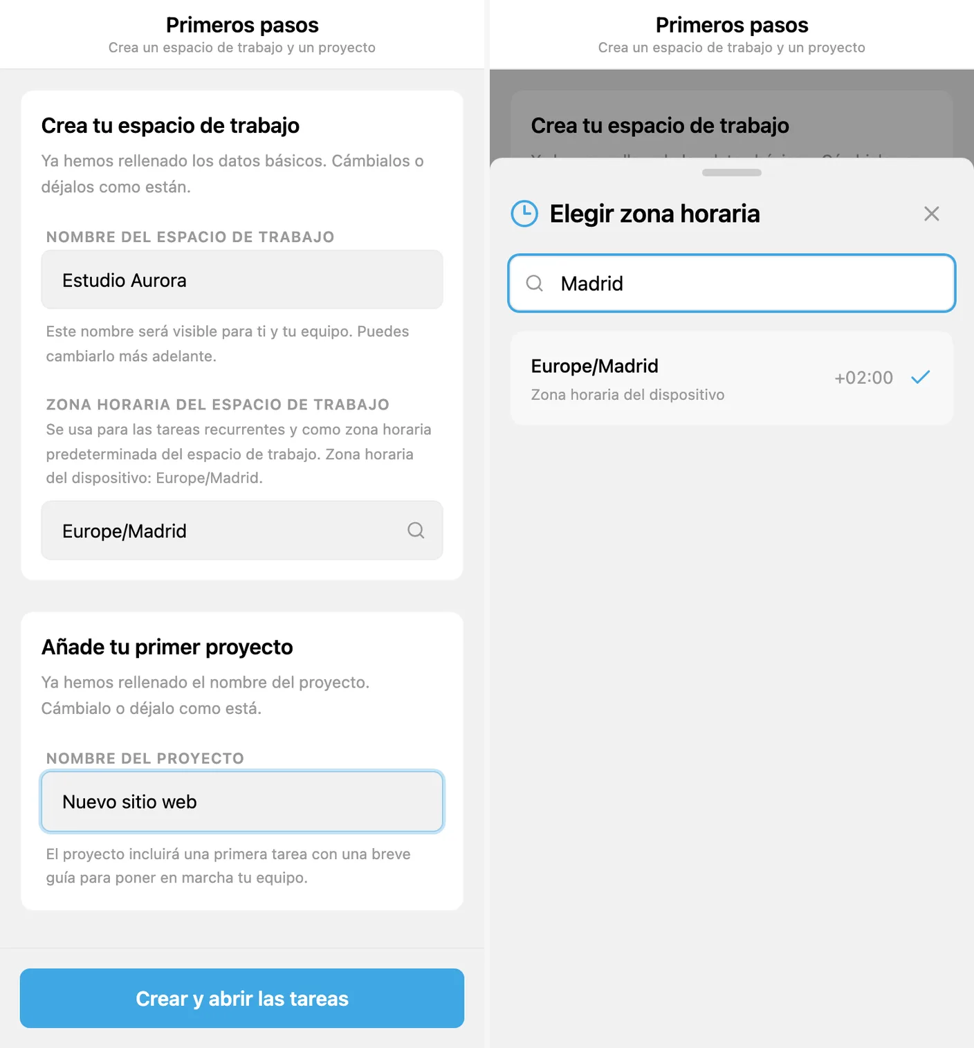 Configuración inicial de iTasks: espacio de trabajo, zona horaria y primer proyecto
